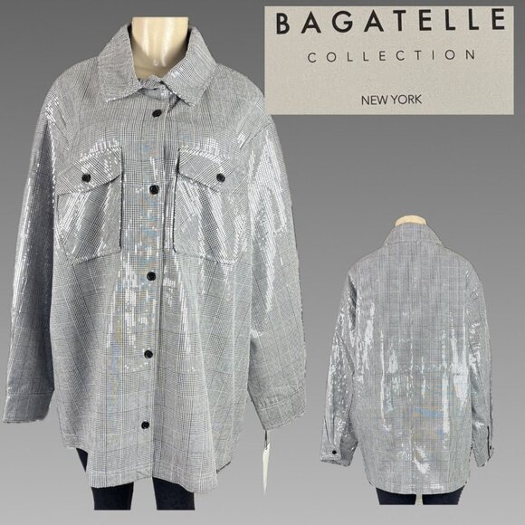 Bagatelle +2X Jrs Gray Button Checkered Sequin Collar Pocket Long Sleeve Shacket - Picture 1 of 6